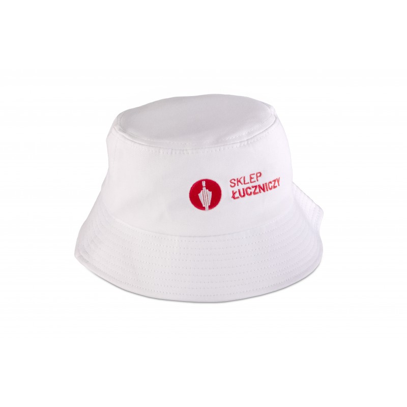 Kapelusz typu bucket Sklep Łuczniczy biały z haftowanym logo